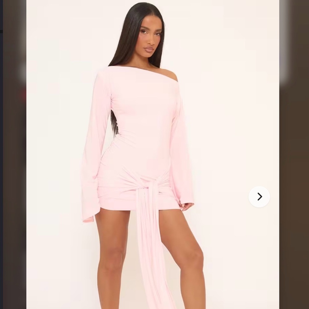 Long Flared Sleeve Drape Detail Mini Bodycon Dress In Pink Slinky